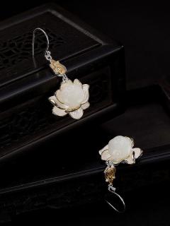 s925纯银,镶嵌和田玉,白玉莲蓬莲花耳坠cw